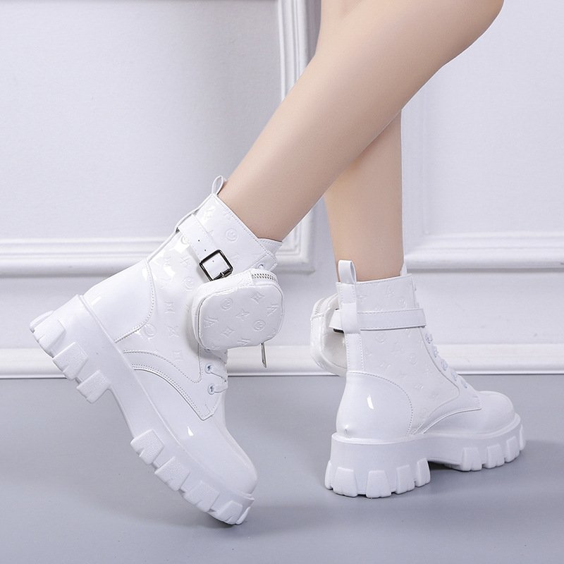Ladies Buckle Strap Black Chunky Sole Printed Round Toe Thick Sole Lace Up British Style Fashion Wallet Boots