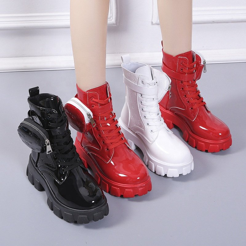 Ladies Buckle Strap Black Chunky Sole Printed Round Toe Thick Sole Lace Up British Style Fashion Wallet Boots