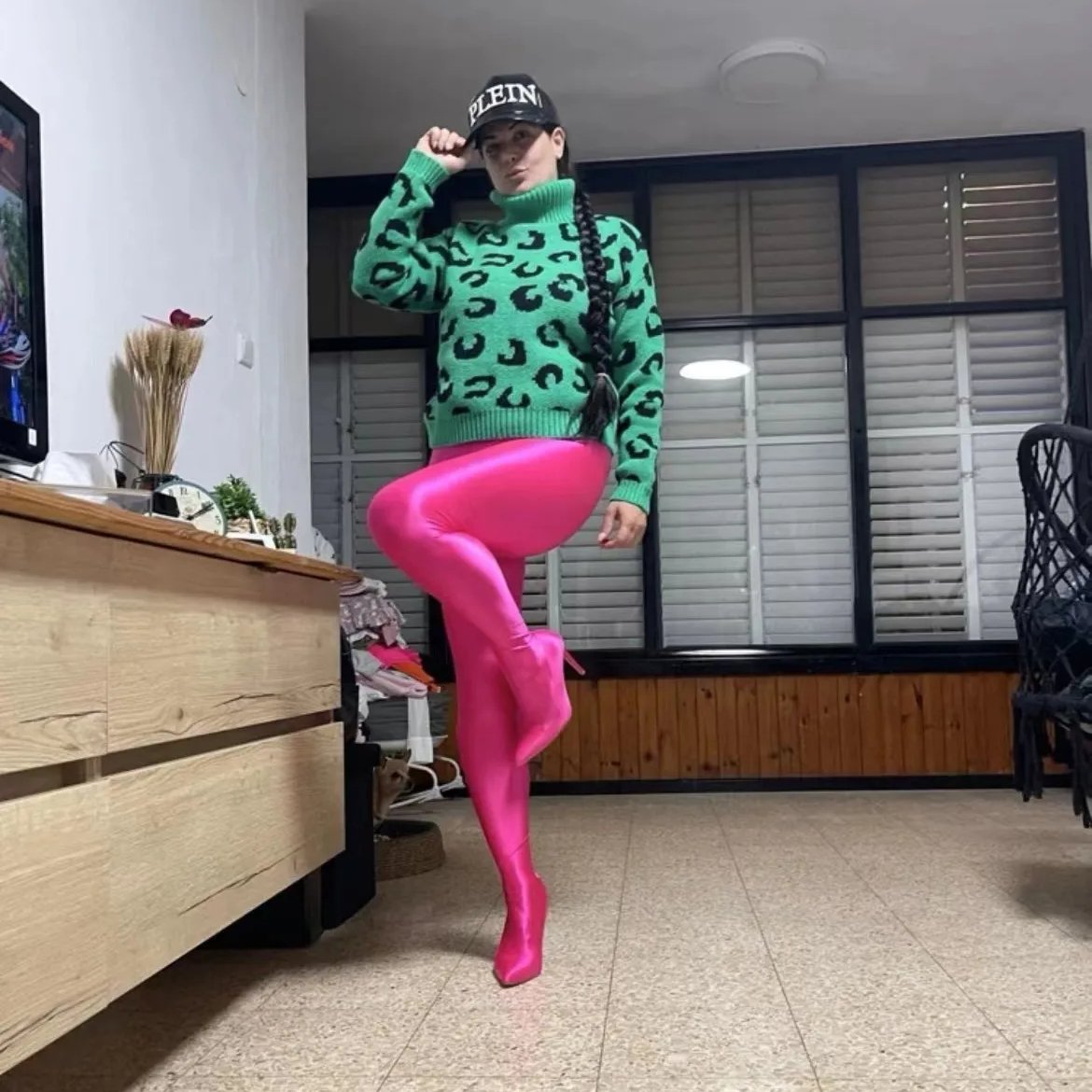 Custom Neon Hybrid Leggings Pointy Point Slip on Over the Knee Boots thigh high Toe Stiletto Heeled Sock Boots for Women Lady