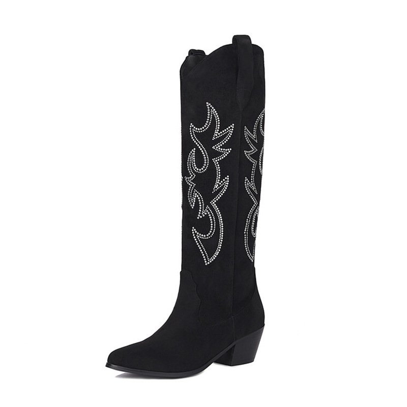 Xinzirain Custom Pointed Toe Knee High Chunky Heel Embroidered Design Genuine Leather Western Cowboy Boots