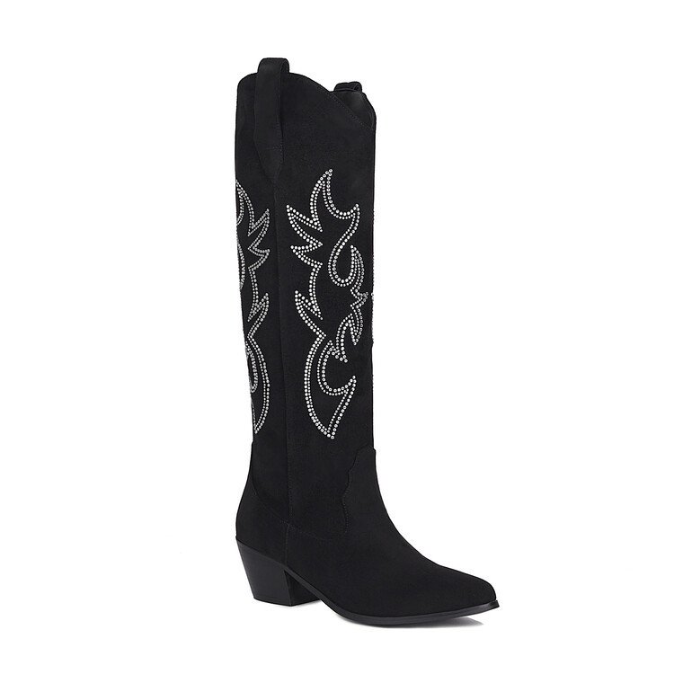 Xinzirain Custom Pointed Toe Knee High Chunky Heel Embroidered Design Genuine Leather Western Cowboy Boots