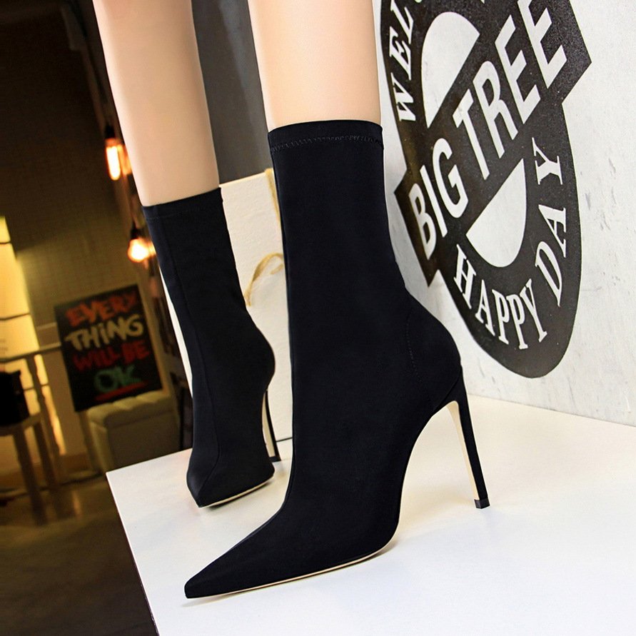 Plus size pointed elastic women's boots black and white high heel boots women