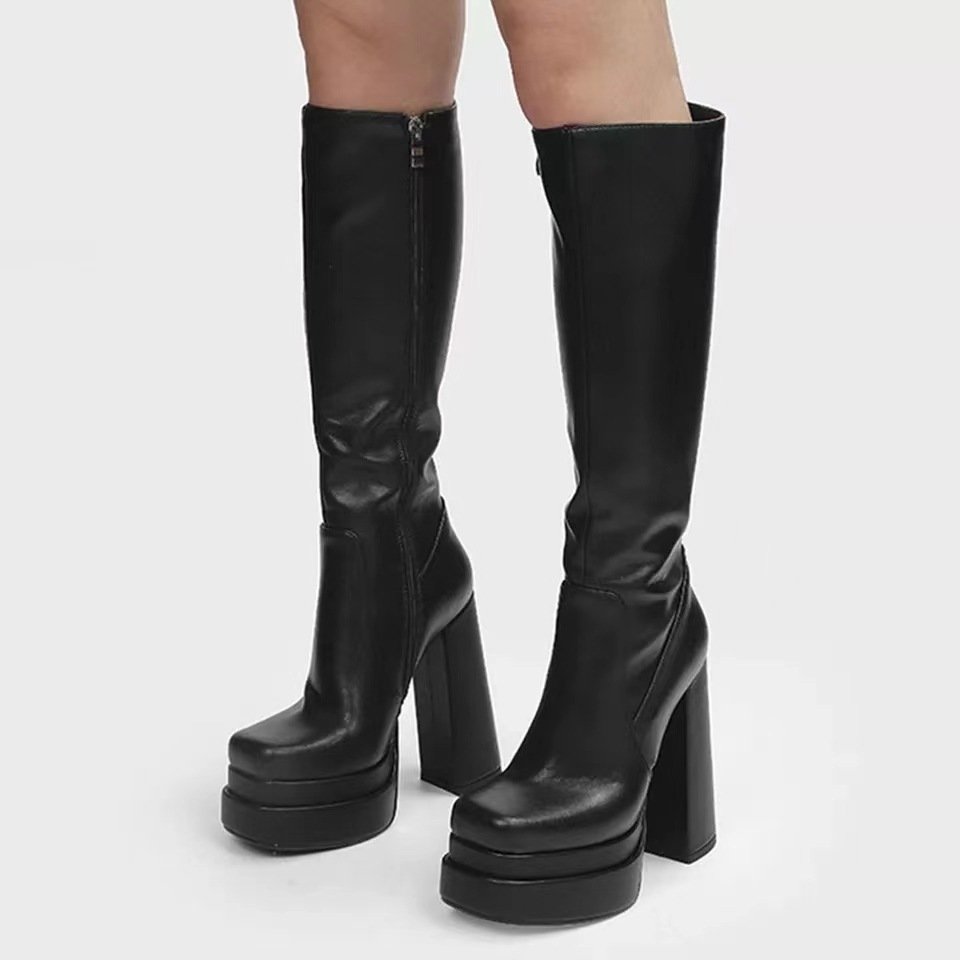 Custom Knee High High-heeled Women Shoes Knee High Boots Mid Calf Platform Leather Surface Side Zipper Square Toe New Style 2023