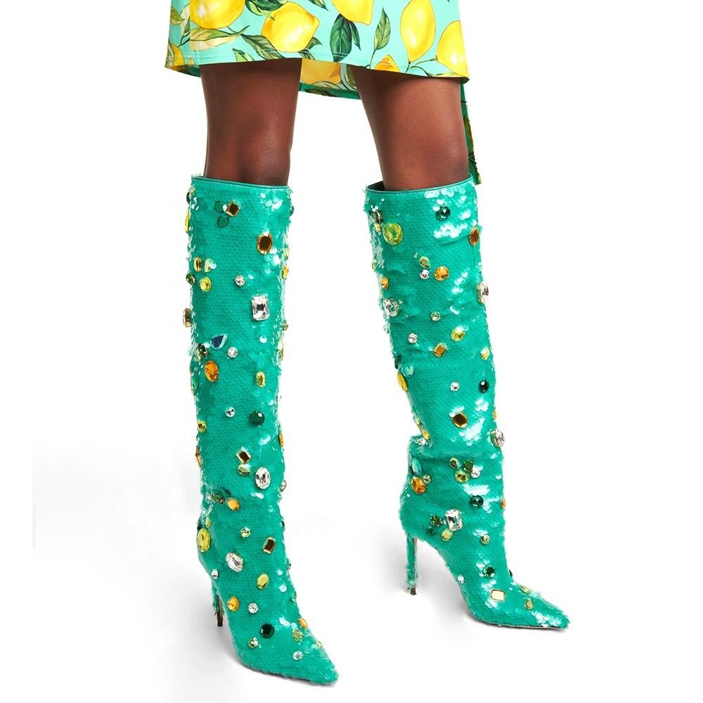 Custom Factory Designer Ladies Plus Size Bright Crystal Stiletto Heel Pointed Toe Slip On High Heels Teal Knee Boots for Women