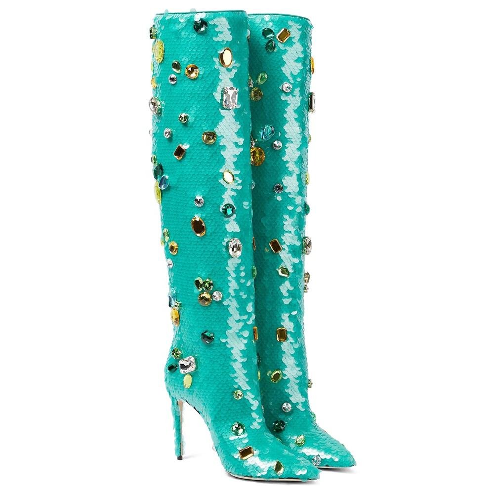 Custom Factory Designer Ladies Plus Size Bright Crystal Stiletto Heel Pointed Toe Slip On High Heels Teal Knee Boots for Women