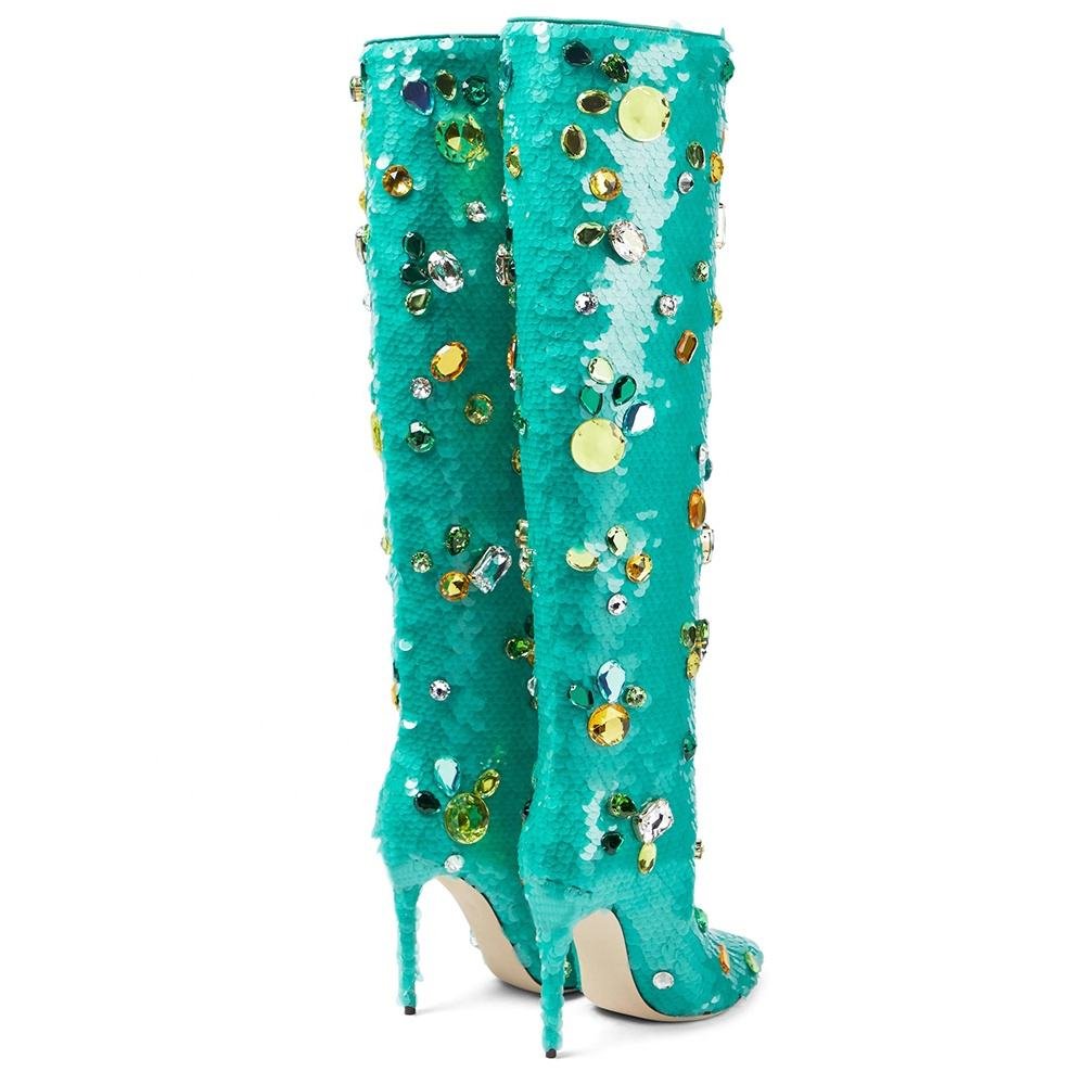 Custom Factory Designer Ladies Plus Size Bright Crystal Stiletto Heel Pointed Toe Slip On High Heels Teal Knee Boots for Women