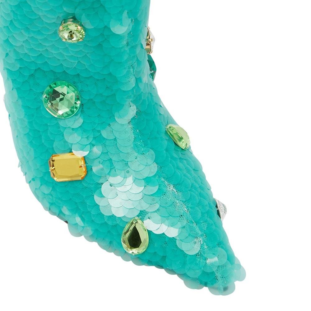 Custom Factory Designer Ladies Plus Size Bright Crystal Stiletto Heel Pointed Toe Slip On High Heels Teal Knee Boots for Women