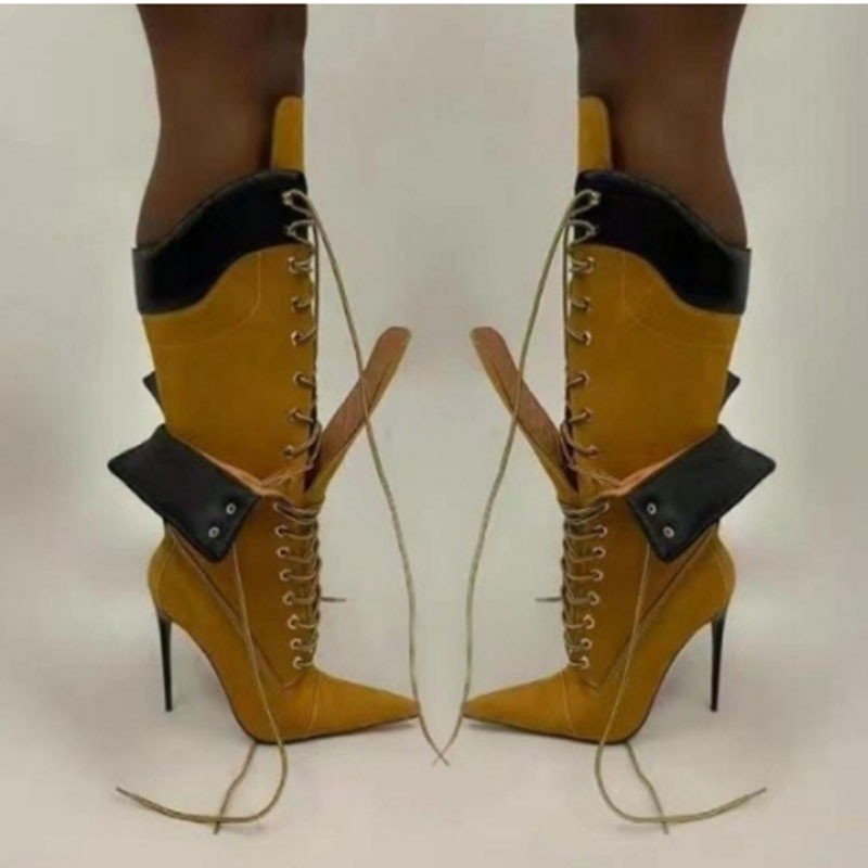 New pointed thin heel long boots with high heels and double layered strap fashion boots for runway shows knee high leather boots