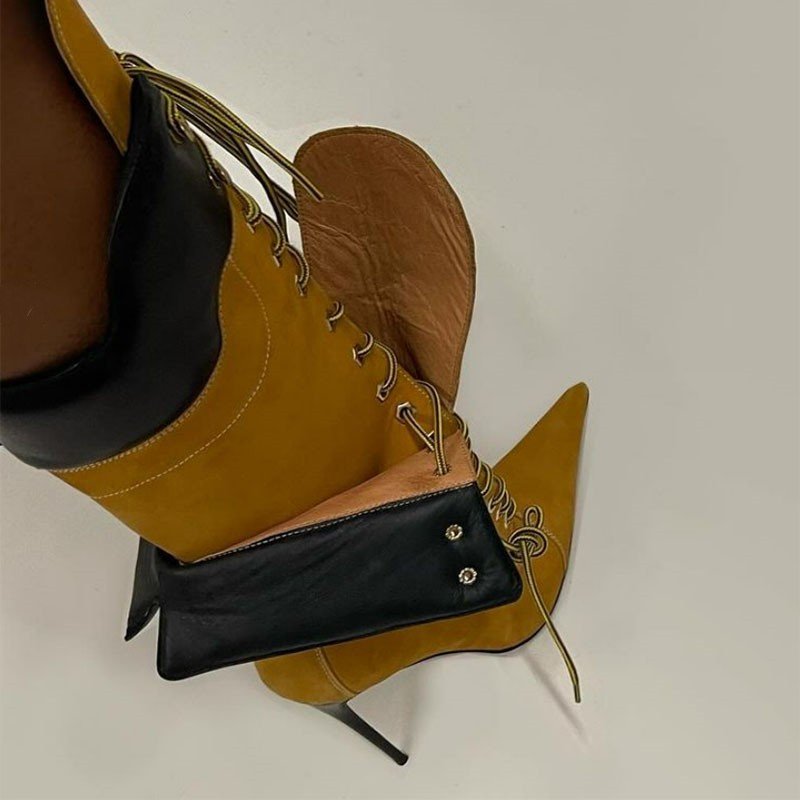 New pointed thin heel long boots with high heels and double layered strap fashion boots for runway shows knee high leather boots