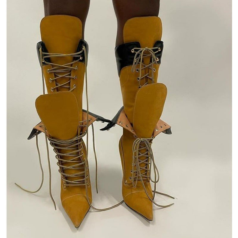 New pointed thin heel long boots with high heels and double layered strap fashion boots for runway shows knee high leather boots