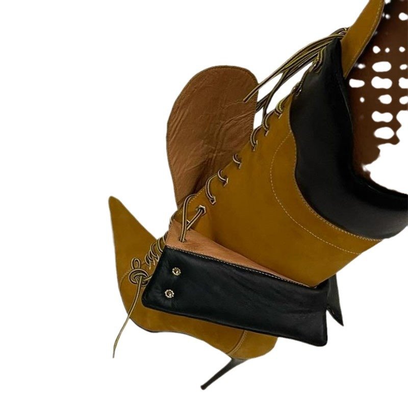 New pointed thin heel long boots with high heels and double layered strap fashion boots for runway shows knee high leather boots