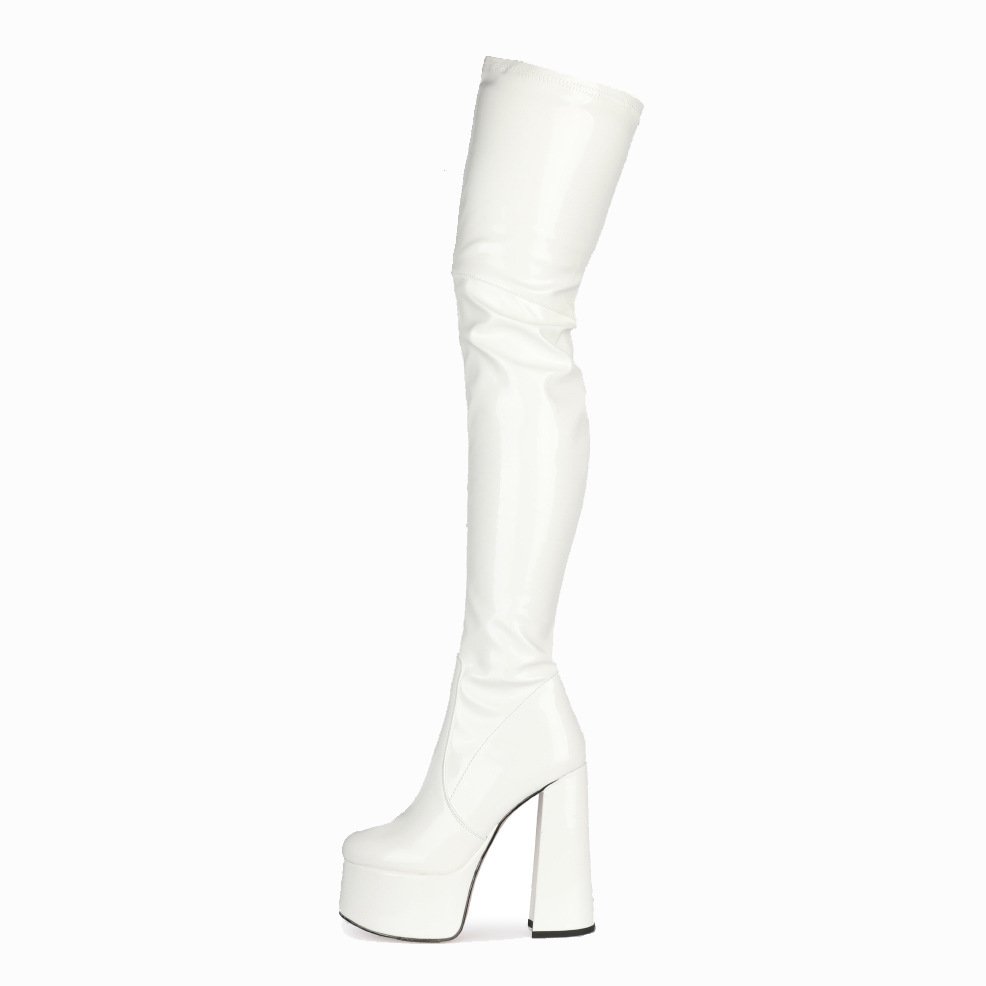 Patent Leather Platform Square High Heel Thing High Boots Chunky Heel Shoes Long Boots Hot Sale Winter Winter Boots for Men