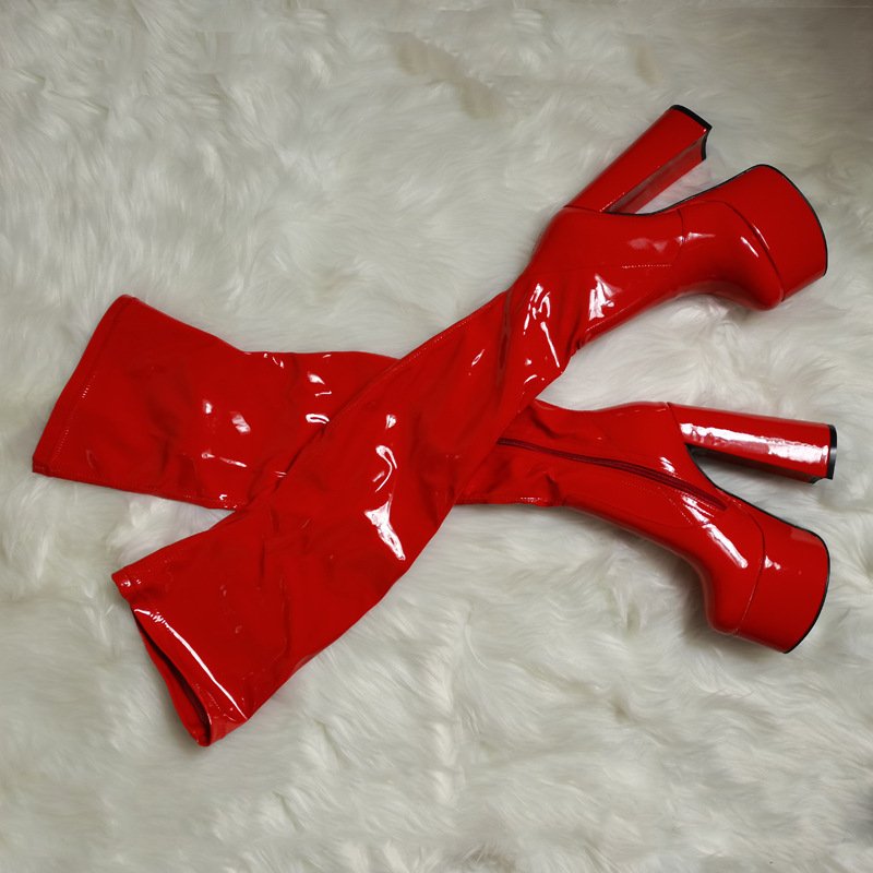 Patent Leather Platform Square High Heel Thing High Boots Chunky Heel Shoes Long Boots Hot Sale Winter Winter Boots for Men