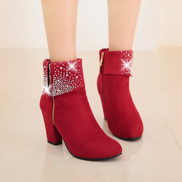 Red Blue Black Crystal Boots Women Ankle Boots For Women High Heel Winter Shoes Women Zipper Boots Size 32-46