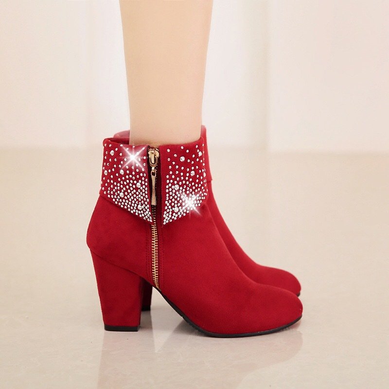 Red Blue Black Crystal Boots Women Ankle Boots For Women High Heel Winter Shoes Women Zipper Boots Size 32-46