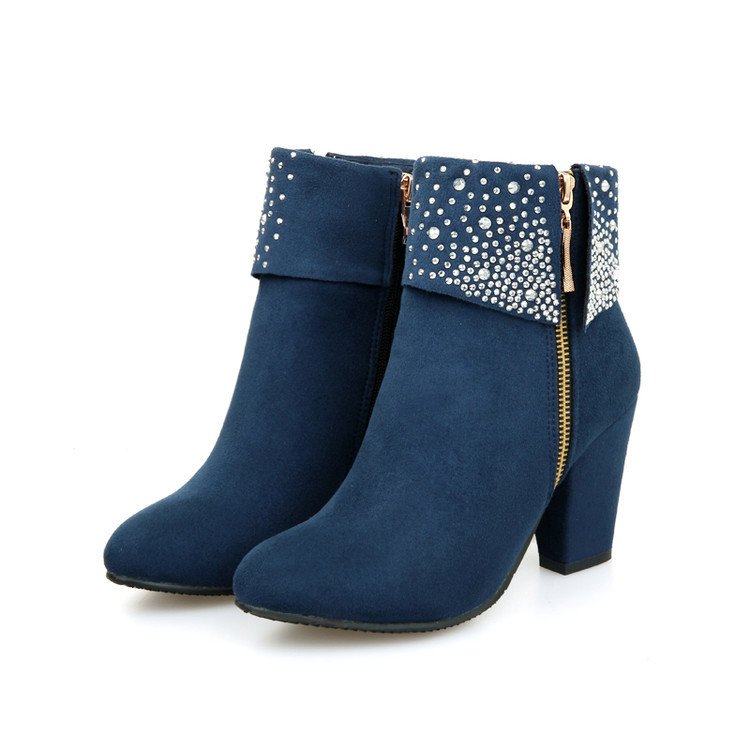Red Blue Black Crystal Boots Women Ankle Boots For Women High Heel Winter Shoes Women Zipper Boots Size 32-46