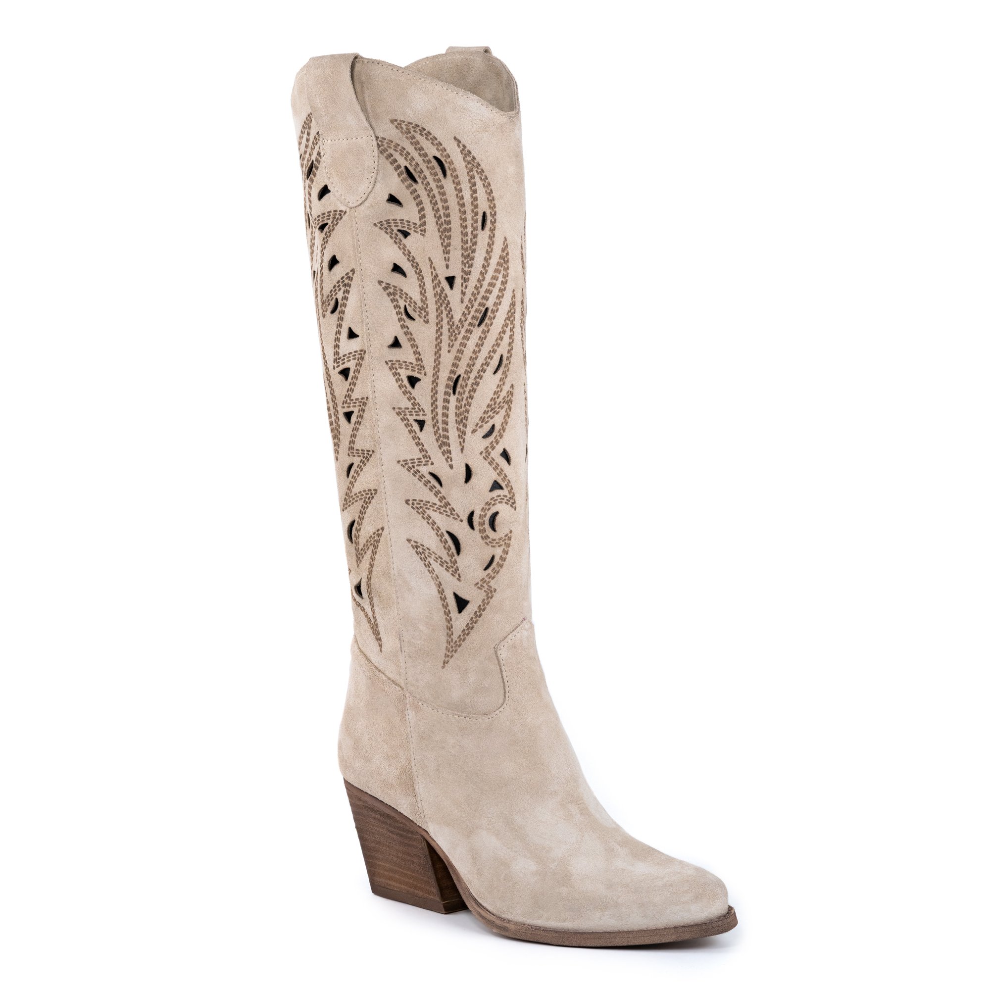 Kali Women's Handcrafted Italian Leather Rea Texan Knee High Boots Laser Cut Beige Suede Customizable Color for Winter Season