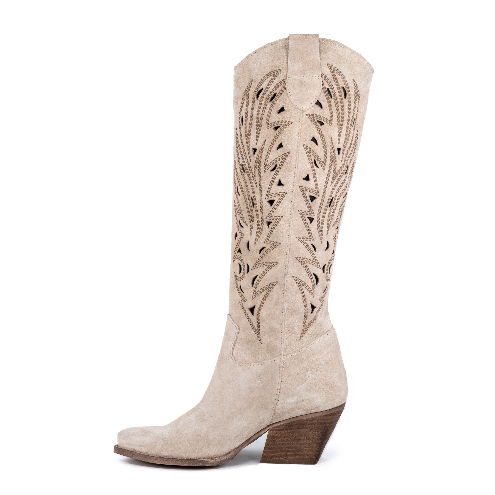 Kali Women's Handcrafted Italian Leather Rea Texan Knee High Boots Laser Cut Beige Suede Customizable Color for Winter Season