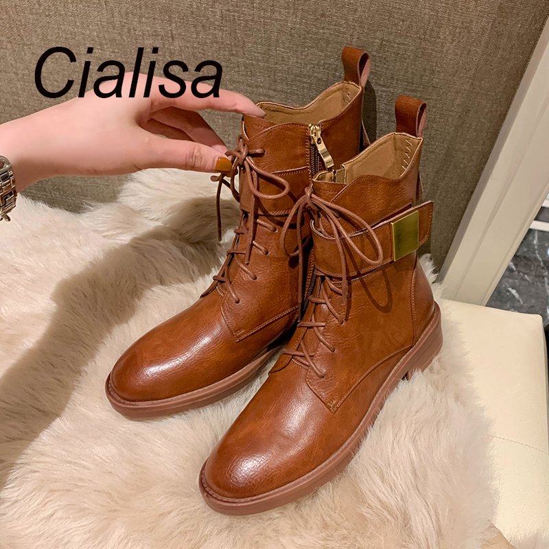 Cialisa luxury vintage retro cow leather ankle booties brown round toe lacing-up women shoes women's boots with zipper