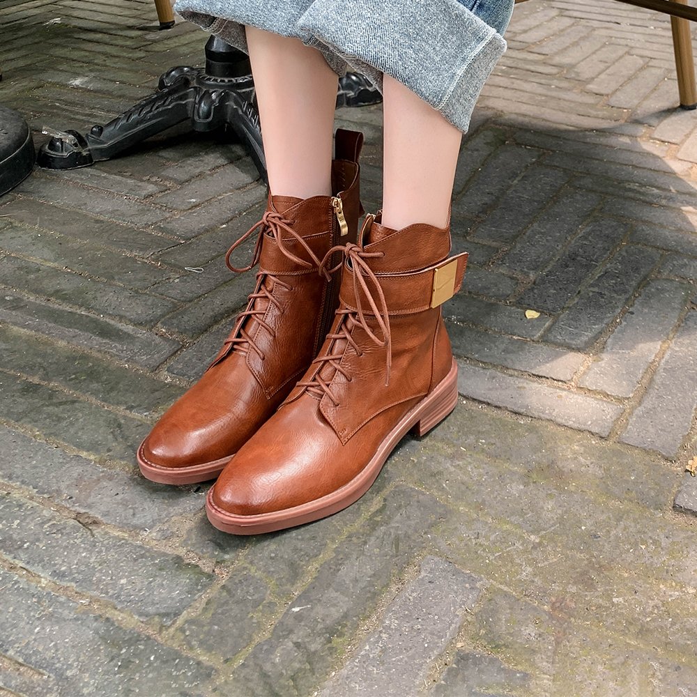 Cialisa luxury vintage retro cow leather ankle booties brown round toe lacing-up women shoes women's boots with zipper
