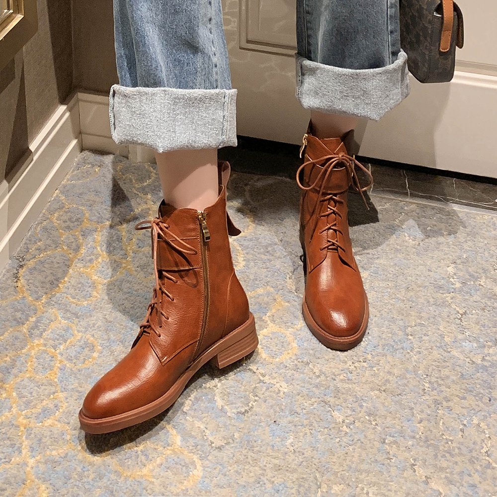 Cialisa luxury vintage retro cow leather ankle booties brown round toe lacing-up women shoes women's boots with zipper