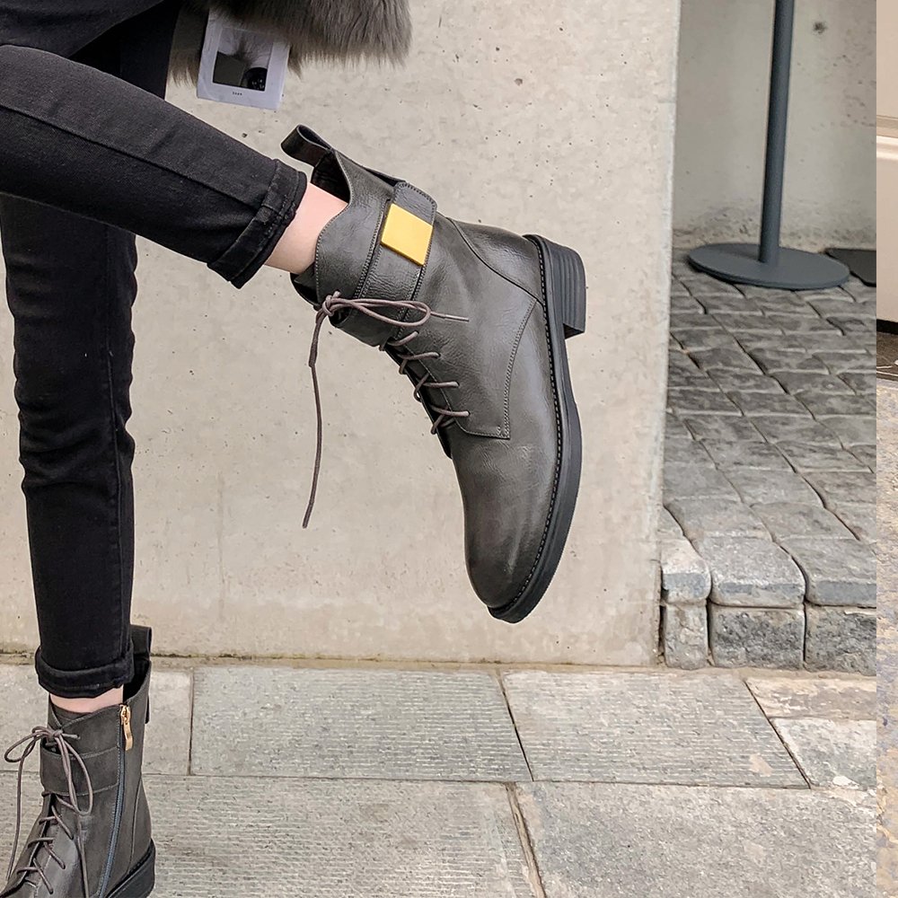 Cialisa luxury vintage retro cow leather ankle booties brown round toe lacing-up women shoes women's boots with zipper