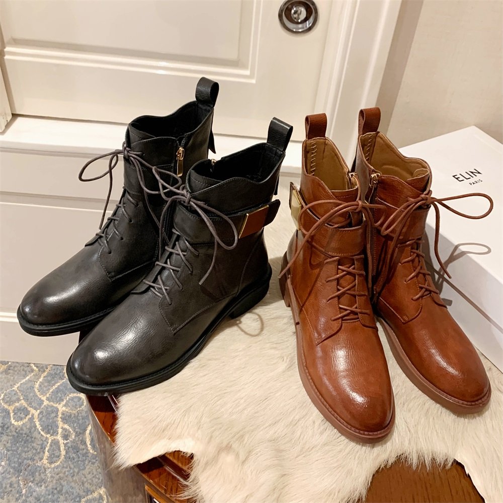 Cialisa luxury vintage retro cow leather ankle booties brown round toe lacing-up women shoes women's boots with zipper