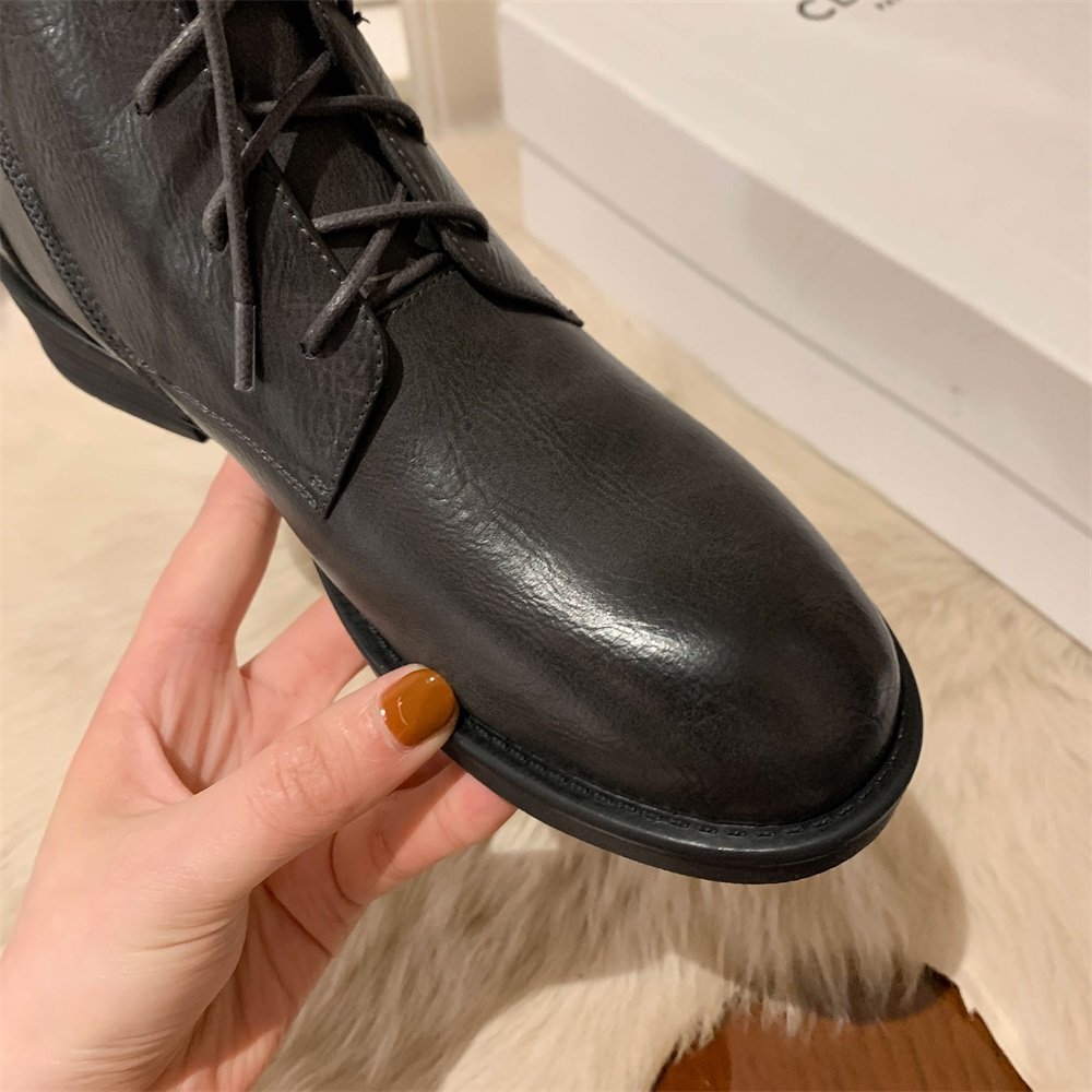 Cialisa luxury vintage retro cow leather ankle booties brown round toe lacing-up women shoes women's boots with zipper