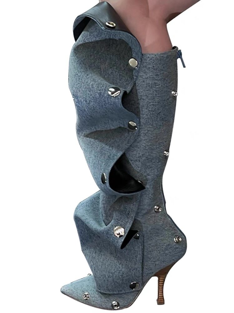 custom logo high quality denim baggy boots new design high heel knee high boots