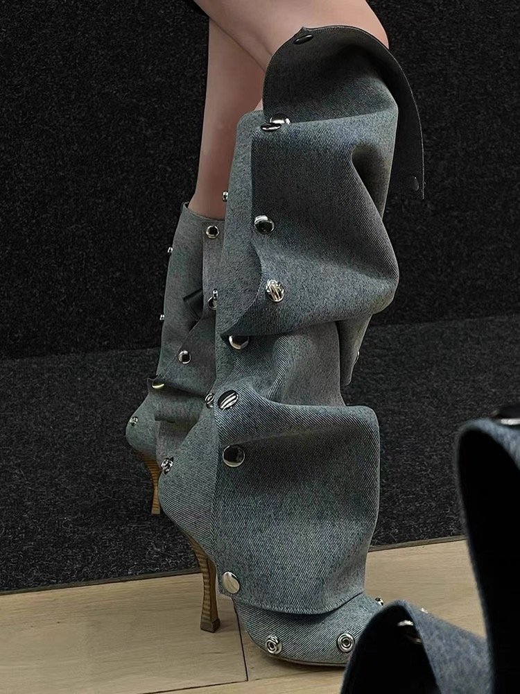 custom logo high quality denim baggy boots new design high heel knee high boots
