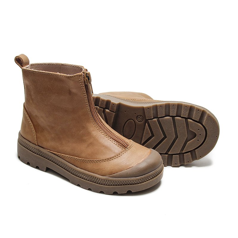 Wholesale Custom Leather Kids Bootie Children Little Girls Front Zipper Cap Toe Non-slip Outdoor Walking Ankle Boots