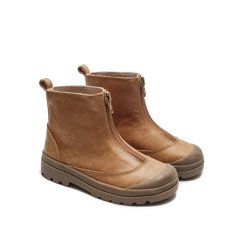 Wholesale Custom Leather Kids Bootie Children Little Girls Front Zipper Cap Toe Non-slip Outdoor Walking Ankle Boots