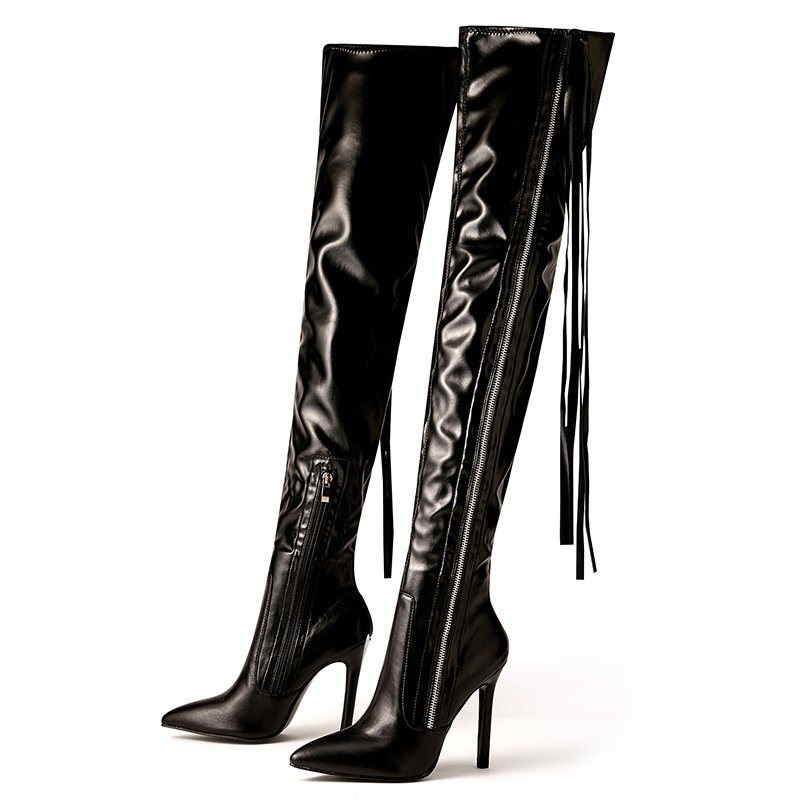 2023 winter Size 35-42 Fringe Fashion Women Zip Pointed Fine Toe Over-the-Knee PumpsTrend Patent Leather Chelsea Female Boots