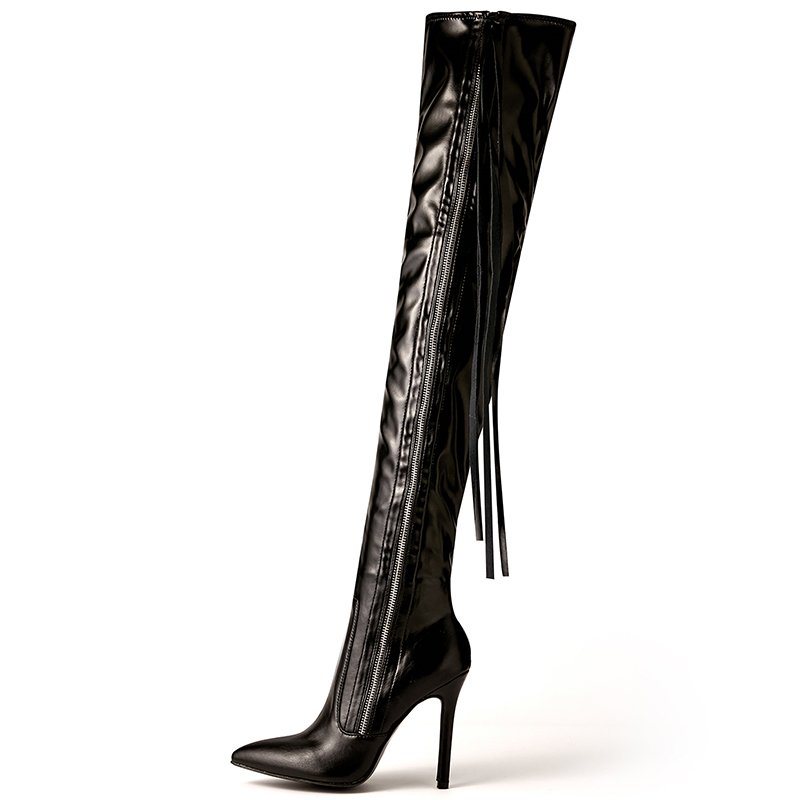 2023 winter Size 35-42 Fringe Fashion Women Zip Pointed Fine Toe Over-the-Knee PumpsTrend Patent Leather Chelsea Female Boots