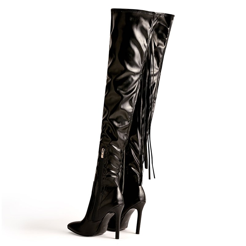 2023 winter Size 35-42 Fringe Fashion Women Zip Pointed Fine Toe Over-the-Knee PumpsTrend Patent Leather Chelsea Female Boots