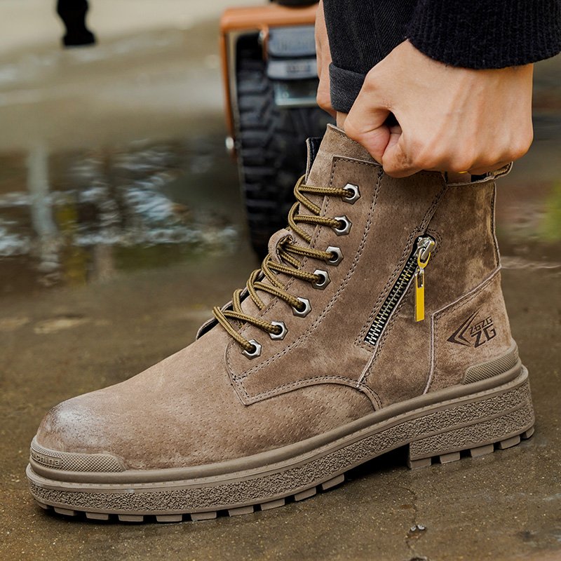 High Quality In stock suede leather Rubber sole Steel toe outdoor Safety Boots, anti-slip safety boot with steel toe