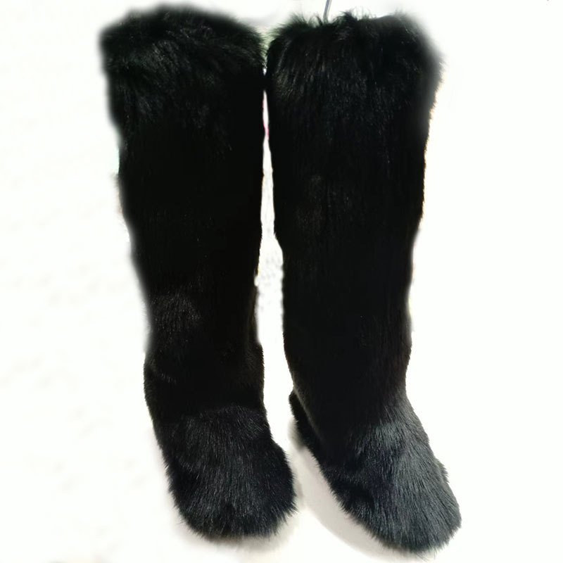 Women's Faux Fur Boot Furry Fluffy Round Toe Suede Winter Comfy Plush Warm Short Outdoor Indoor Flat Shoes Knee-High Boots