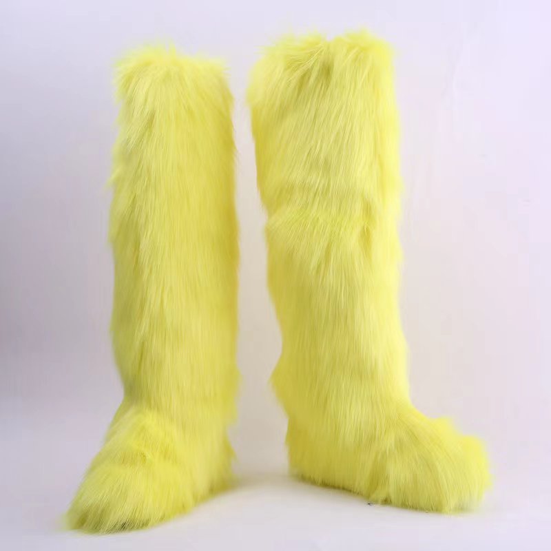 Women's Faux Fur Boot Furry Fluffy Round Toe Suede Winter Comfy Plush Warm Short Outdoor Indoor Flat Shoes Knee-High Boots