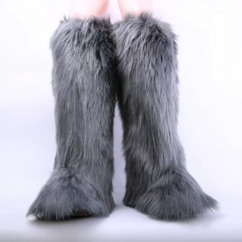 Women's Faux Fur Boot Furry Fluffy Round Toe Suede Winter Comfy Plush Warm Short Outdoor Indoor Flat Shoes Knee-High Boots