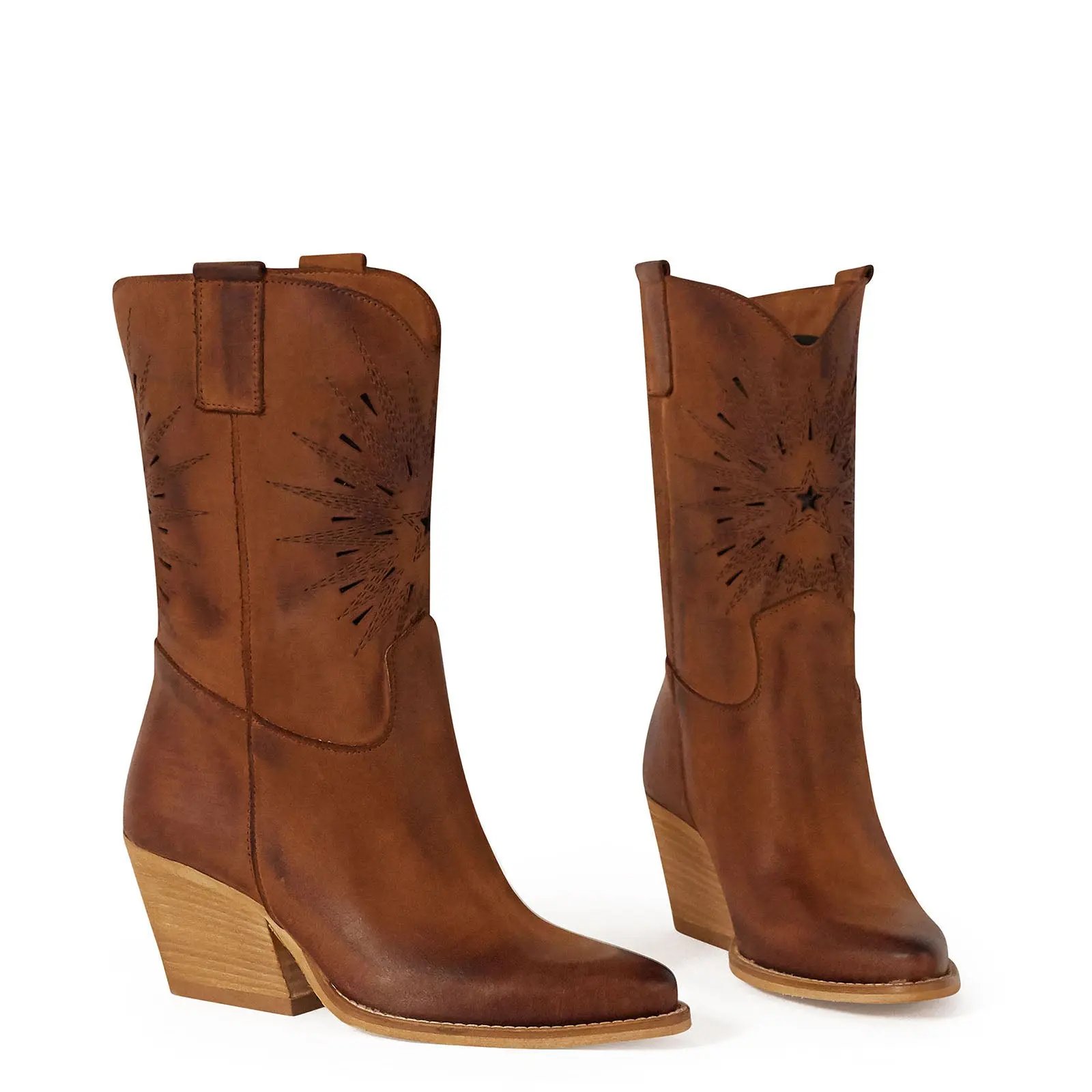 Handcrafted Mid-Calf Leather Cowboy Boots for Women Kali Shoes Rio Customizable Color Laser-Cut Star Detail Made in Italy Winter