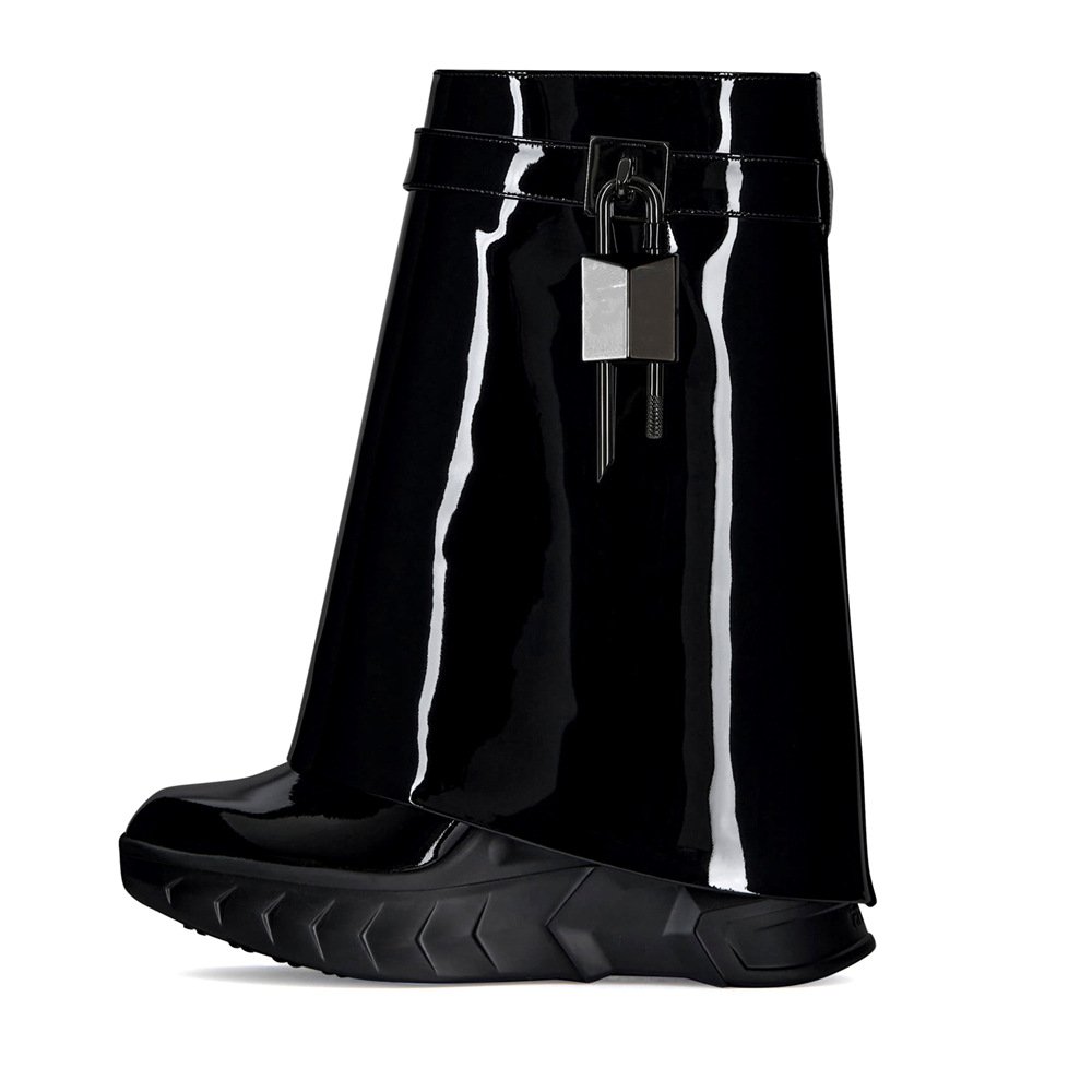 New Shark Short Boots Cowhide Round Toe Thick Bottom Buckle Boots Leather Women's Fur Medium Boots