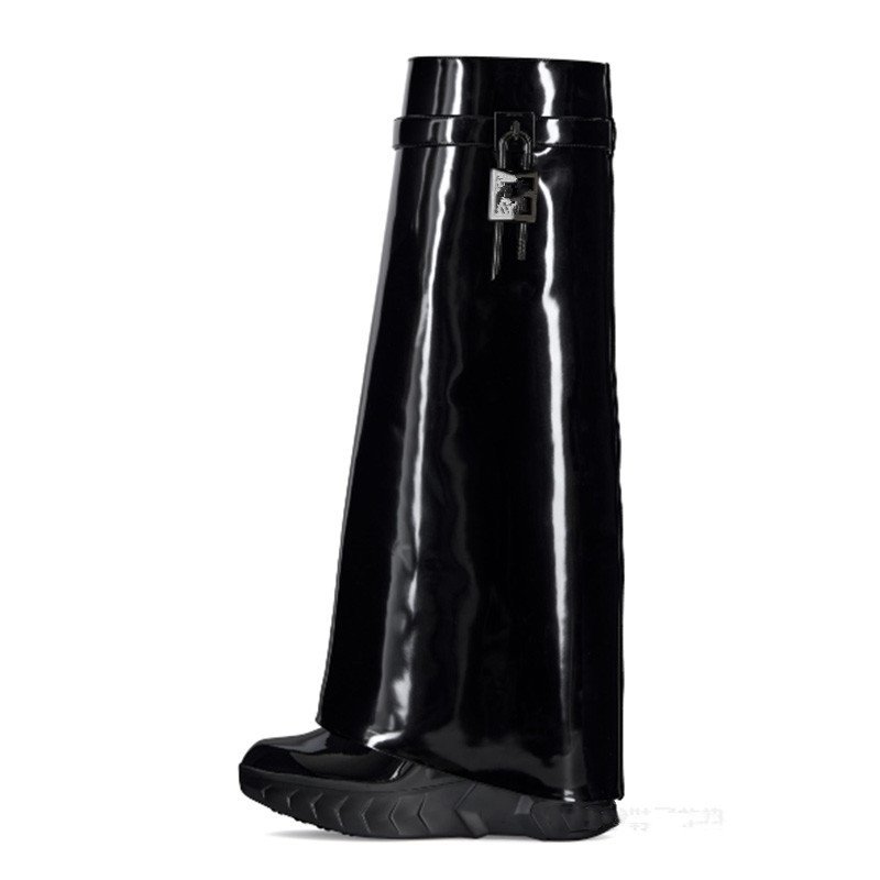 New Shark Short Boots Cowhide Round Toe Thick Bottom Buckle Boots Leather Women's Fur Medium Boots