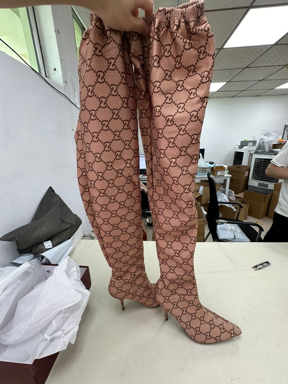 Women Sexy Over Knee Luxury Designer Stretchy Boots with Monogram Pattern The Hacker Project Knife Pointed Toes High Heels