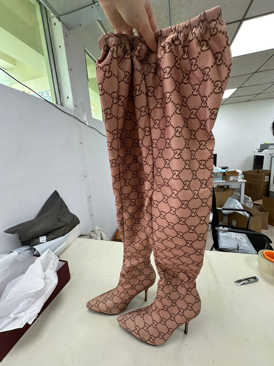 Women Sexy Over Knee Luxury Designer Stretchy Boots with Monogram Pattern The Hacker Project Knife Pointed Toes High Heels