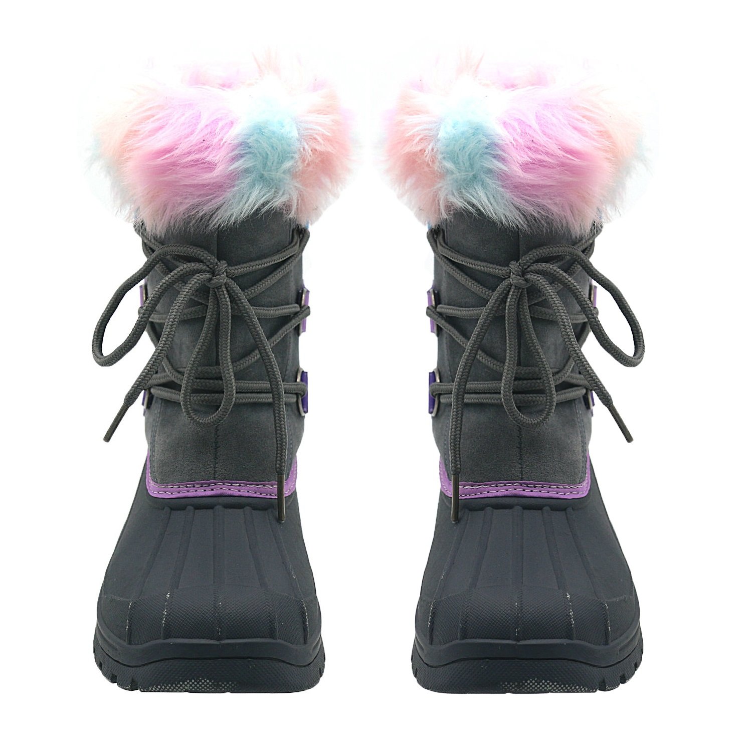 Girls' Insulated Rainbow Faux Fur Collar Outdoor Waterproof Funky Snow Boots