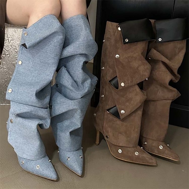 Women Knee High Boots for woman's Pointed Toe Strange Heels Botas Mujer 2024 Pleated Metal Buttons Show Shoes