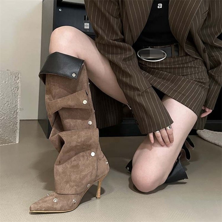 Women Knee High Boots for woman's Pointed Toe Strange Heels Botas Mujer 2024 Pleated Metal Buttons Show Shoes