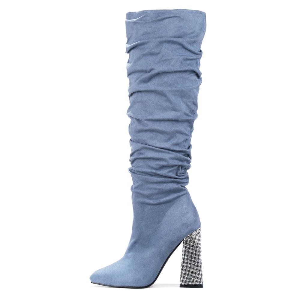 Elegant Women's Knee High Boots with Crystal Custom Logo Pointed Toe Design Autumn Western Style Rubber Insole Zip Closure