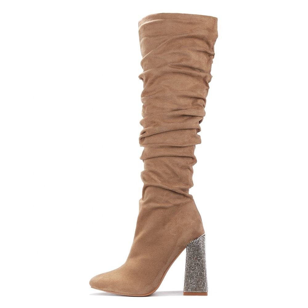 Elegant Women's Knee High Boots with Crystal Custom Logo Pointed Toe Design Autumn Western Style Rubber Insole Zip Closure