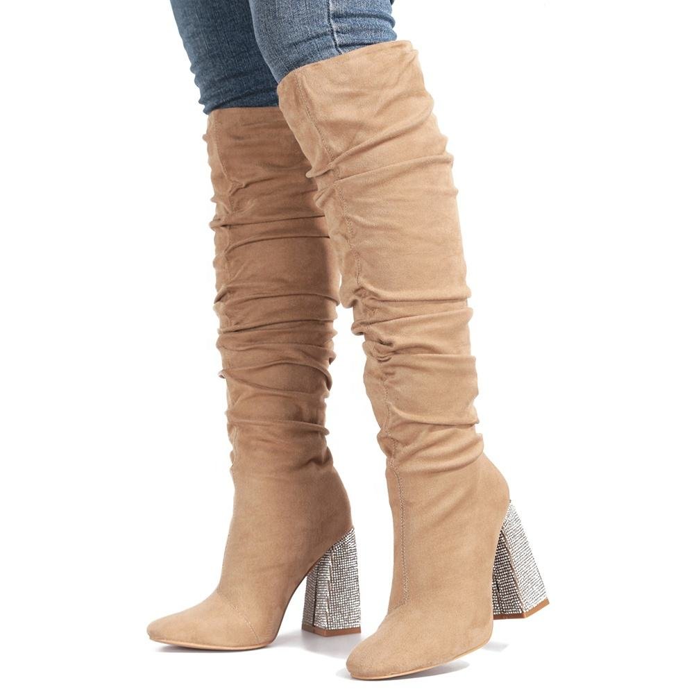 Elegant Women's Knee High Boots with Crystal Custom Logo Pointed Toe Design Autumn Western Style Rubber Insole Zip Closure